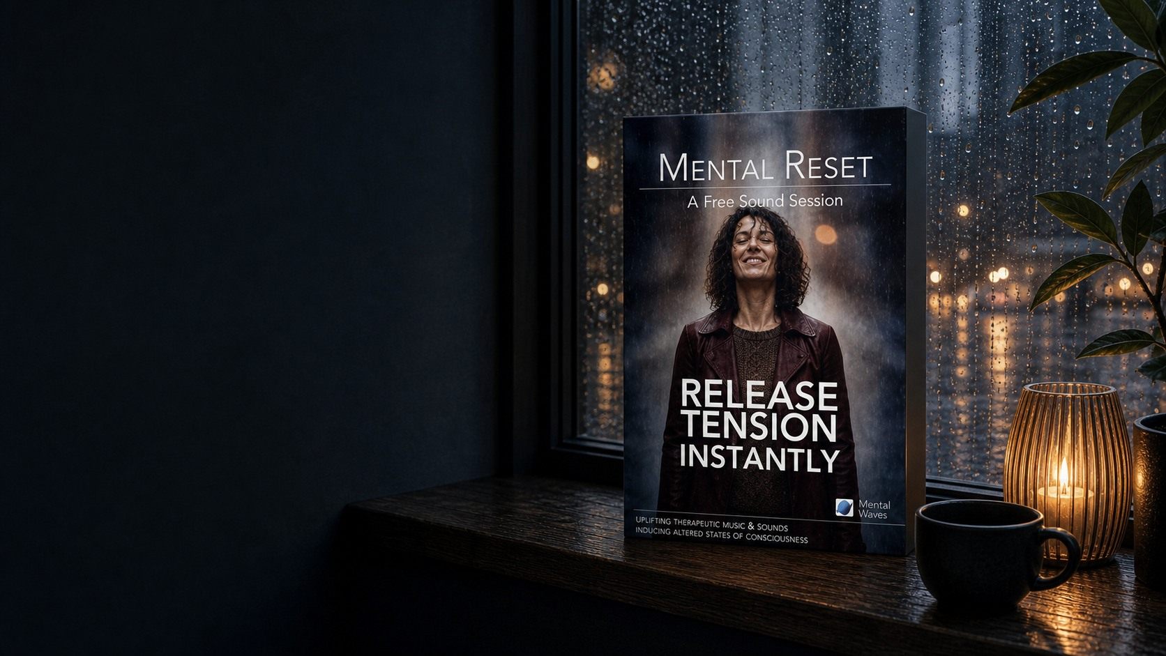 Mental Reset Session product presented beside a rain-covered window