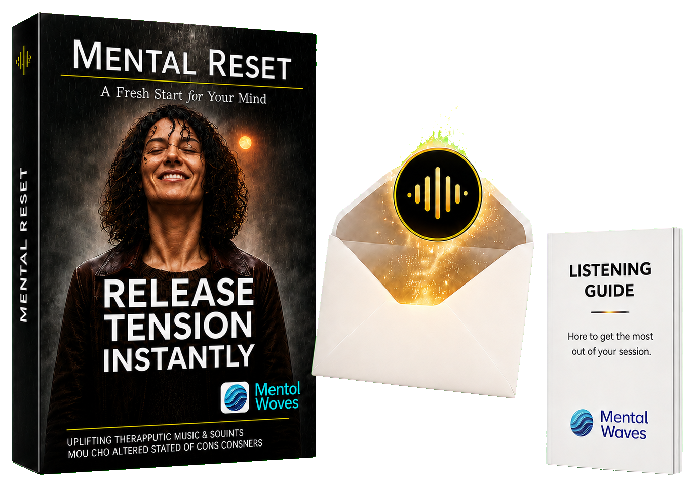 Mental Reset Session product box with listening guide and email delivery envelope
