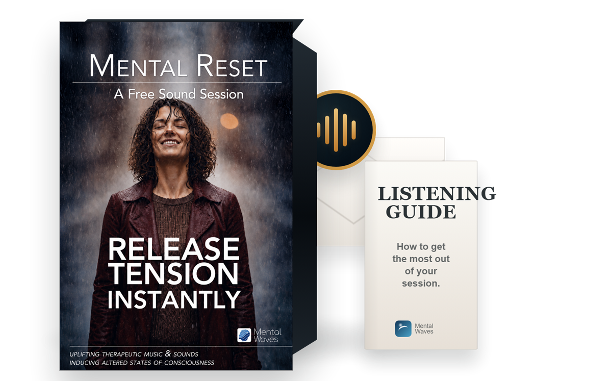 Mental Reset Session product box with listening guide and email delivery envelope