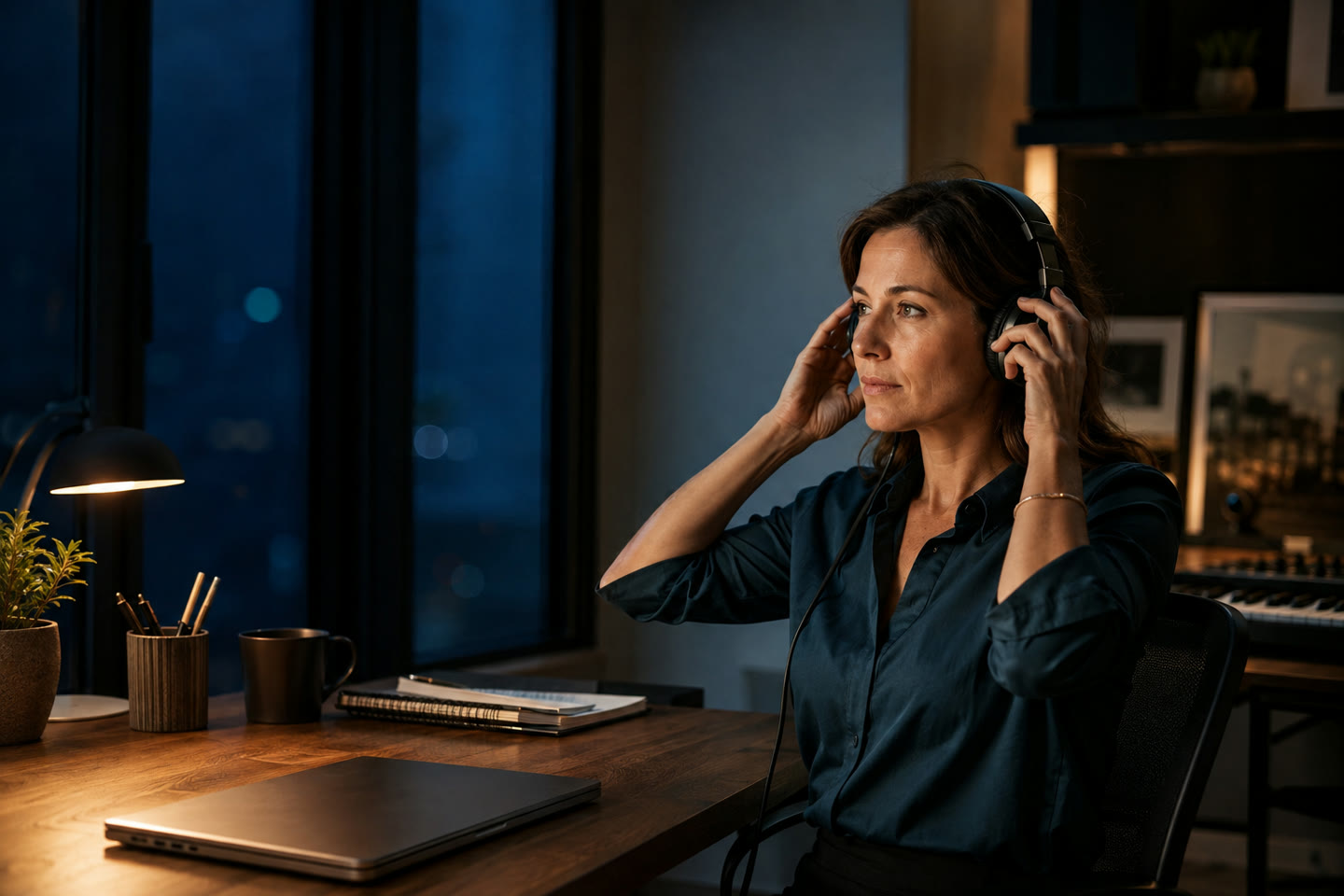 A listener transitions from a demanding workday to a quieter headphone session