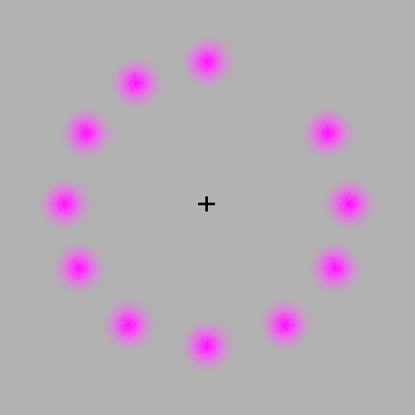 Spinning pink dots optical illusion with a central black cross