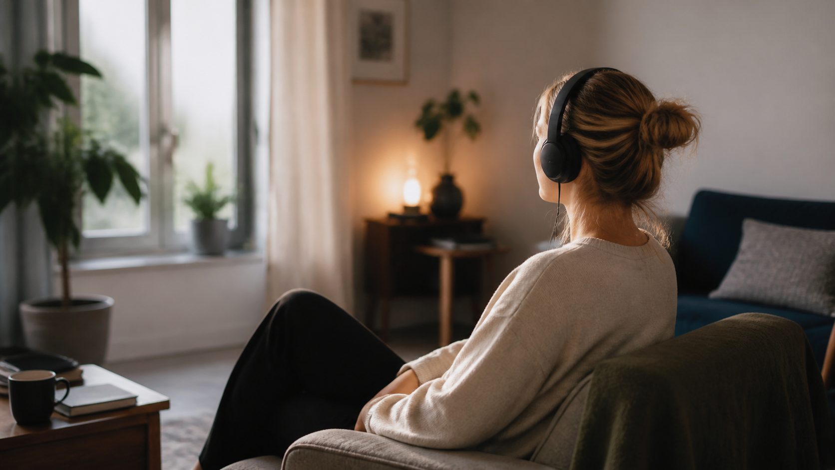 Person sitting quietly with headphones in a calm home setting during a guided Mental Waves sound ritual.