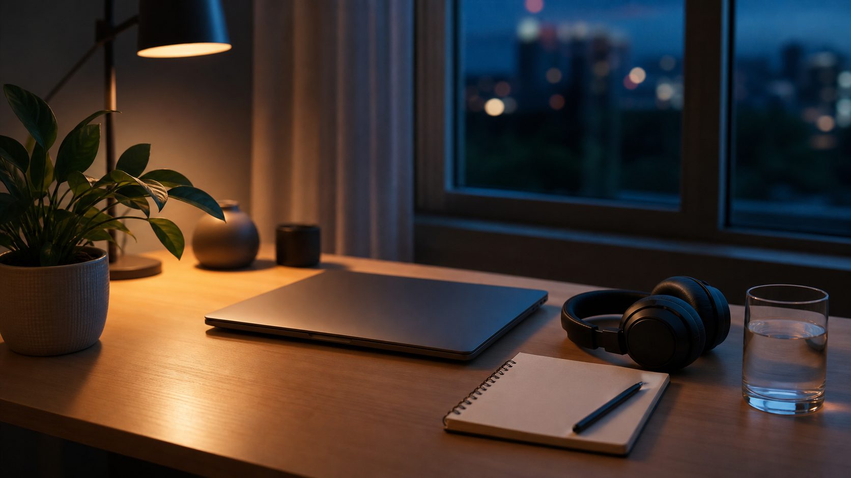 Closed laptop, headphones, water and notebook on a calm evening desk for a screen-to-silence reset.