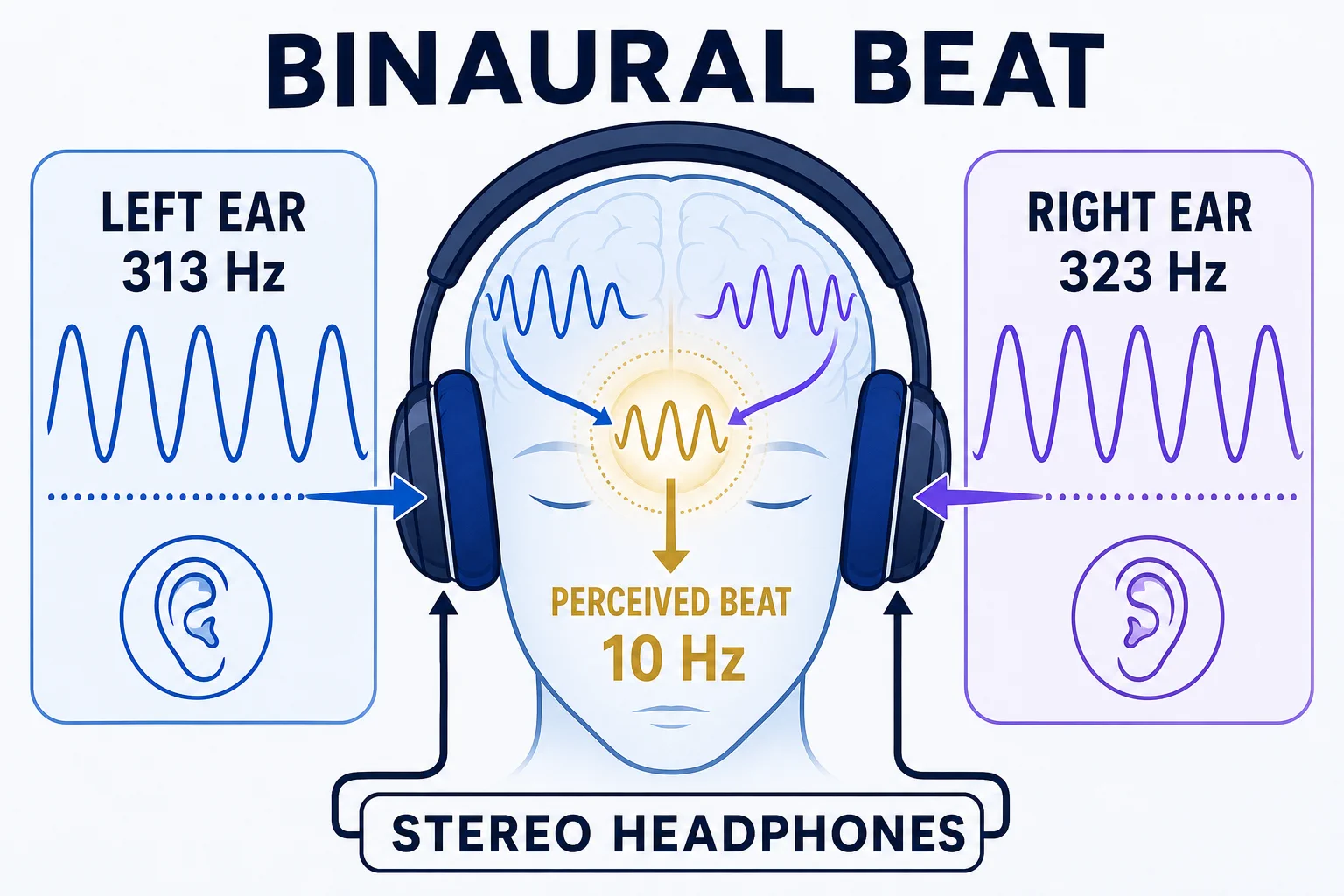 Binaural beat diagram showing 313 Hz in the left ear and 323 Hz in the right ear creating a perceived 10 Hz beat