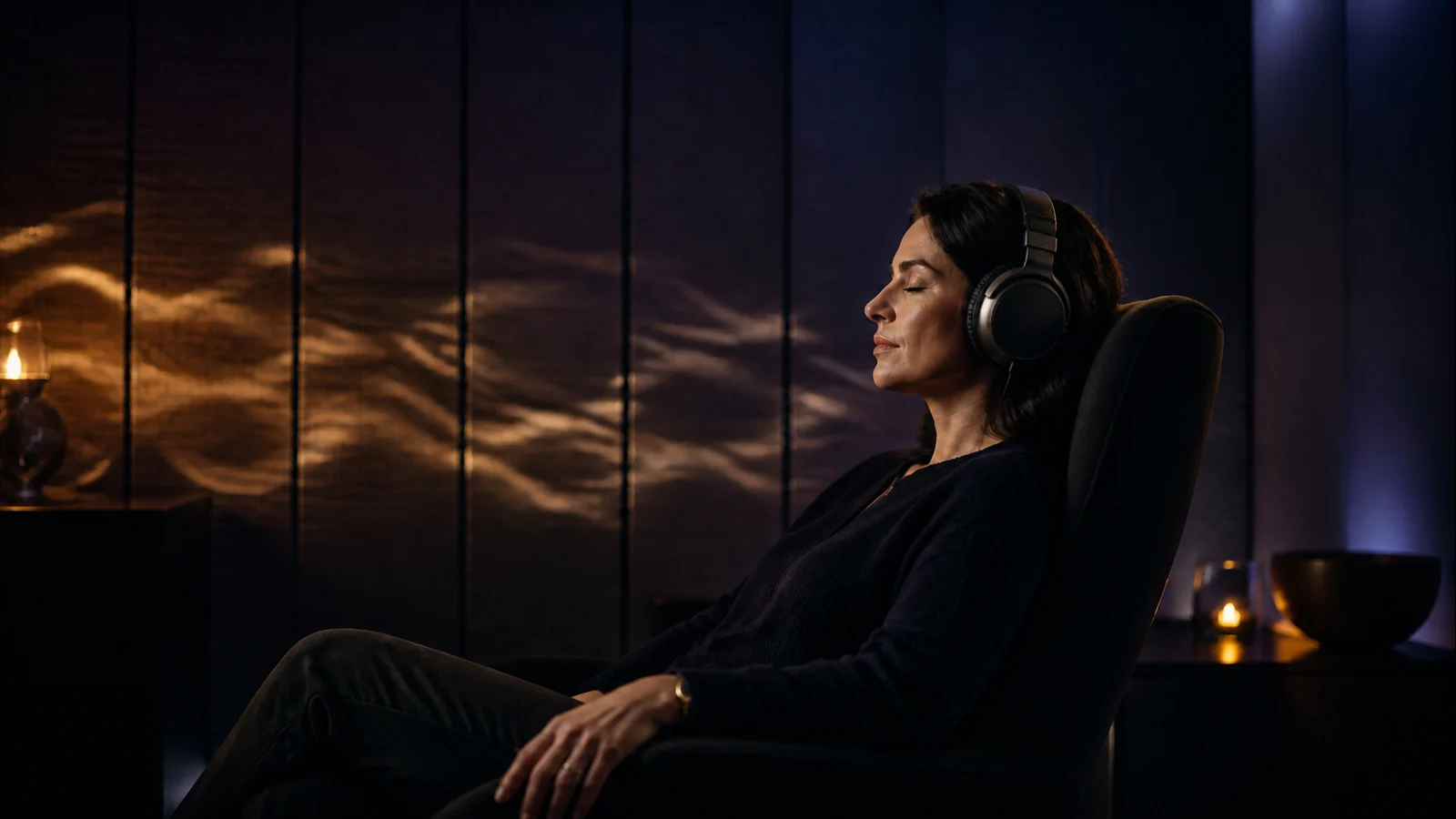 Listener using headphones in a calm room with warm wave reflections