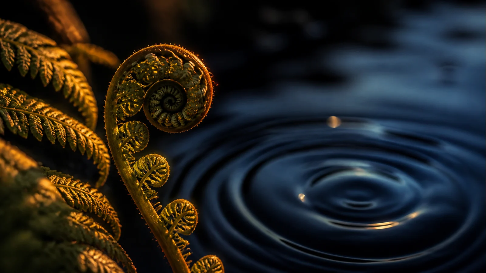 Golden-lit fern spiral beside dark water ripples