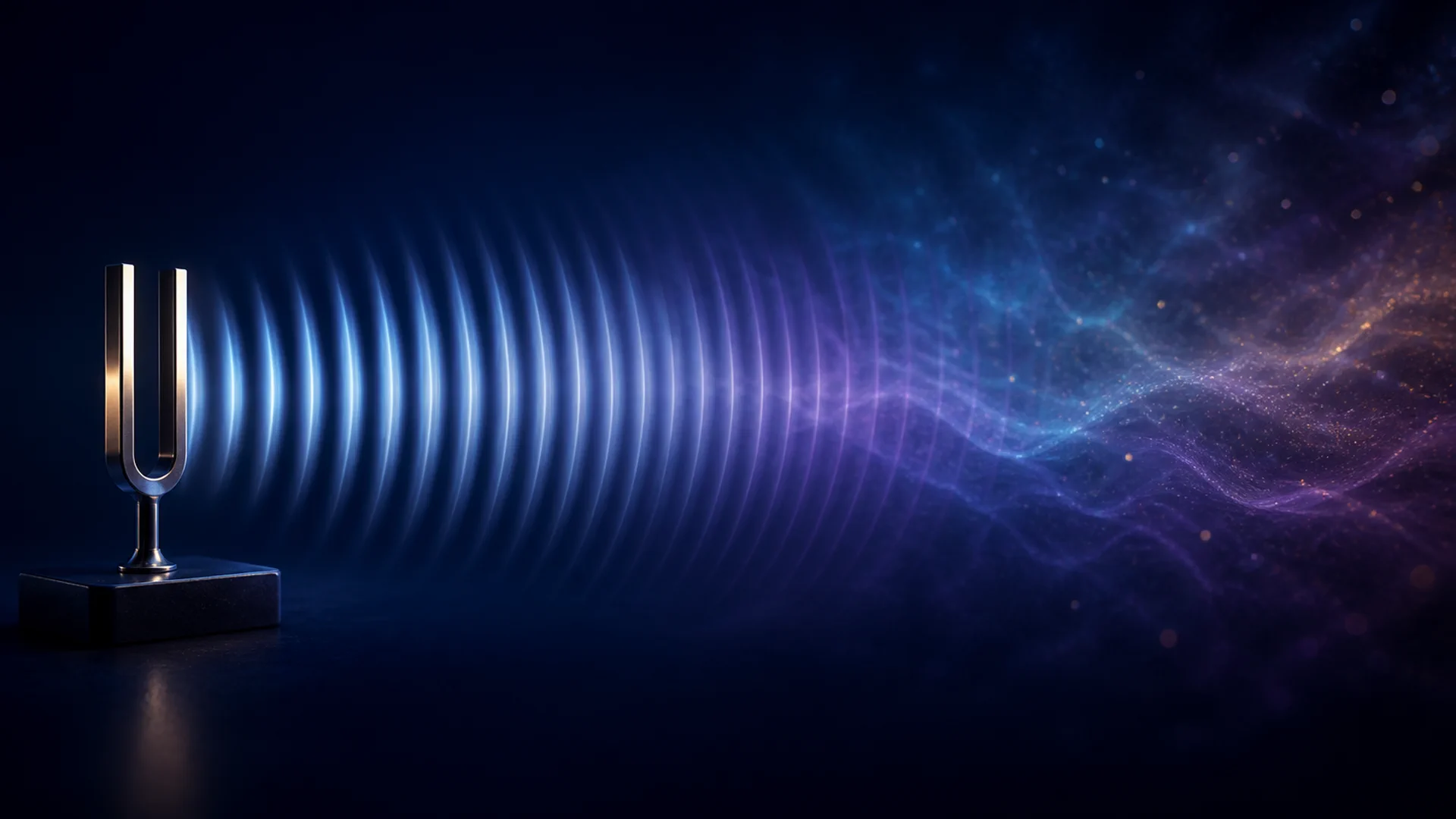 Tuning fork emitting precise blue and violet sound ripples across a dark acoustic space