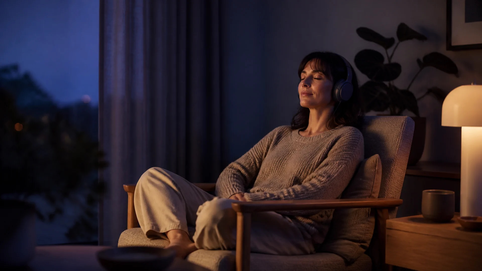 Woman listening with headphones during a calm evening meditation session
