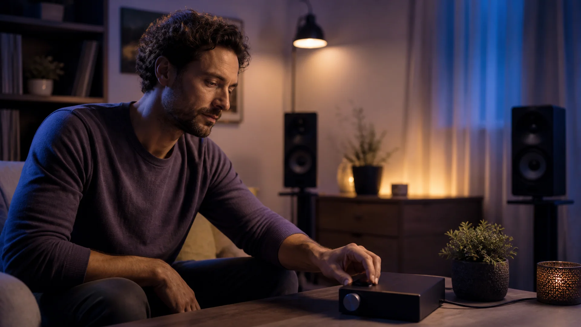 Man gently adjusting volume while listening through speakers at home