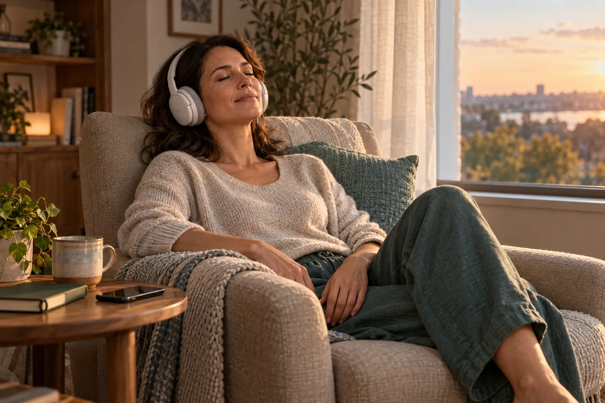 A woman resting in an armchair with headphones during a quiet evening listening session