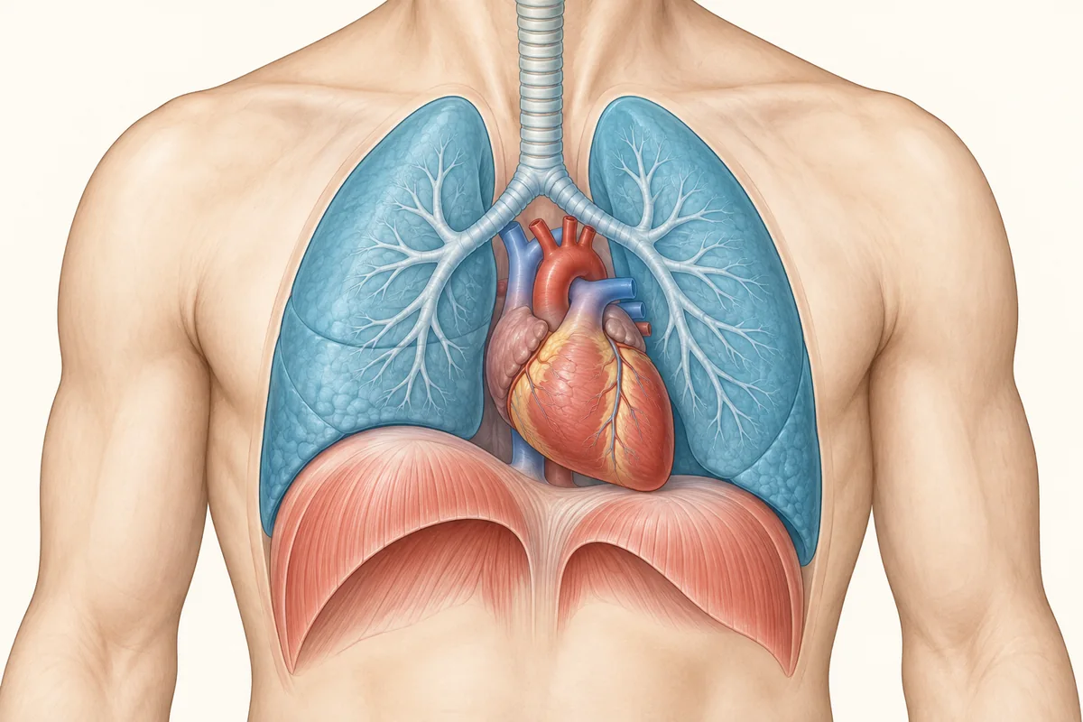 Front view of the lungs, heart and dome-shaped diaphragm in the chest