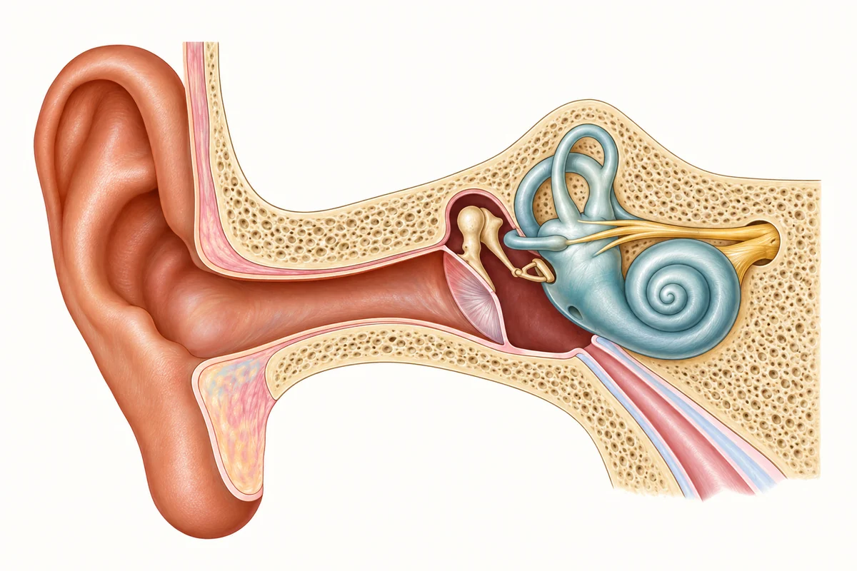 Cross-section of the outer, middle and inner ear, showing the ear canal, eardrum, ossicles and cochlea