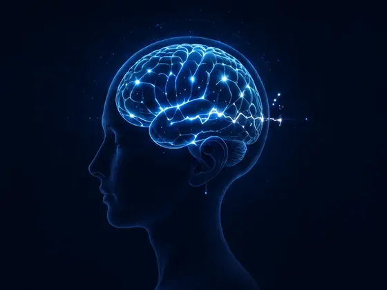 Blue illuminated brain inside a human profile